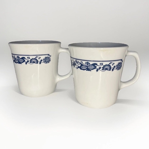 Vintage Corning Old Town Blue Onion Milk Glass Coffee Mugs Set Of 2 - Picture 1 of 9